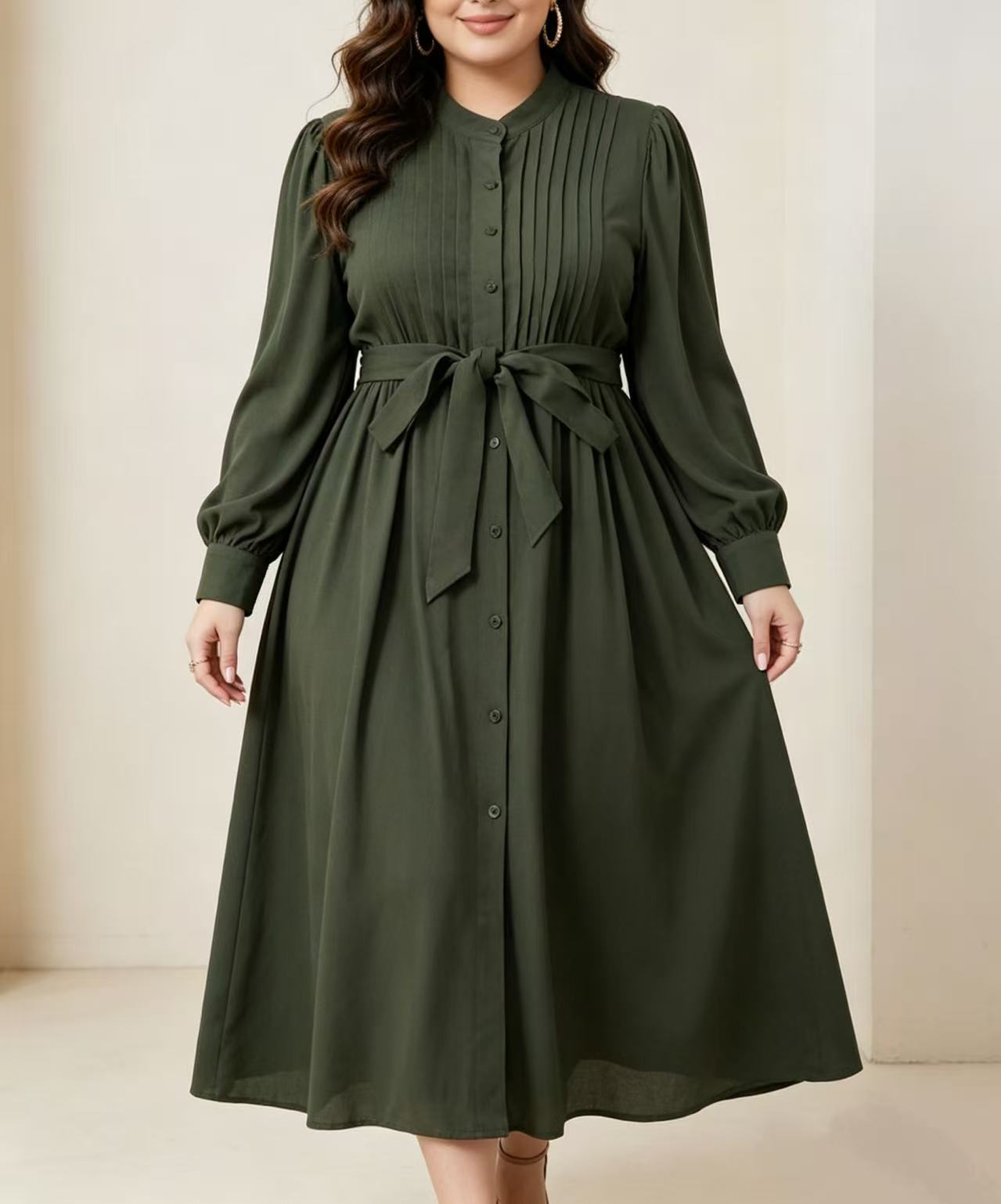 Robe longue plissée vert armée - Corset Waist Cinch avis et prix